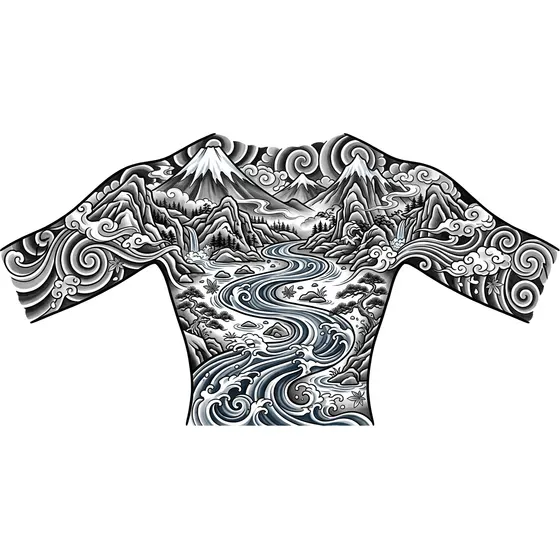 Japanese tattoo example — A mountain range across the shoulders with a river down the spine
