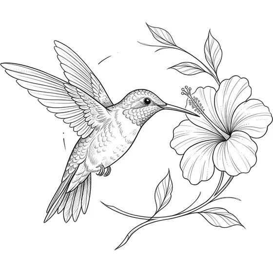 Bird Tattoos example — A hummingbird drinking from a hibiscus flower in fine line