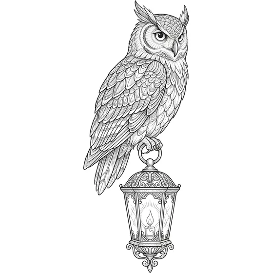 Bird Tattoos example — An owl perched on a lantern with detailed feather work