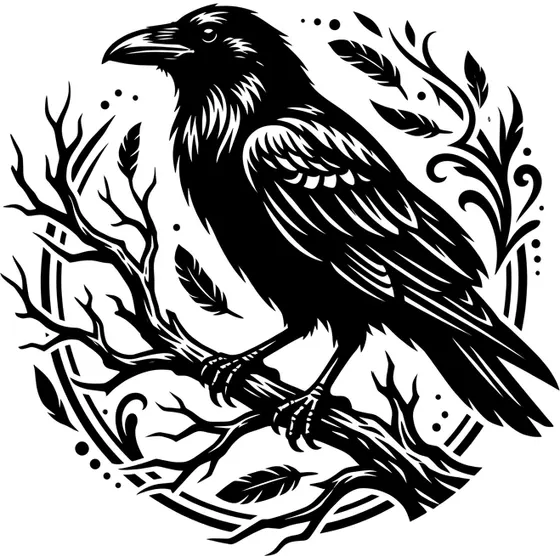 Blackwork Tattoos example — A raven perched on a bare branch, heavy silhouette