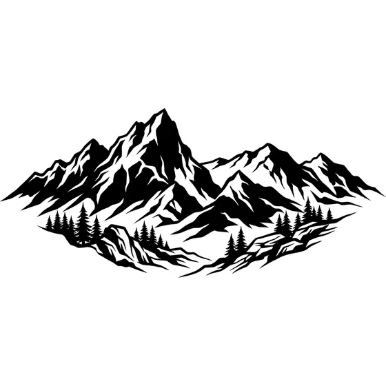 Blackwork Tattoos example — A mountain range rendered as stark black shapes with negative-space sky