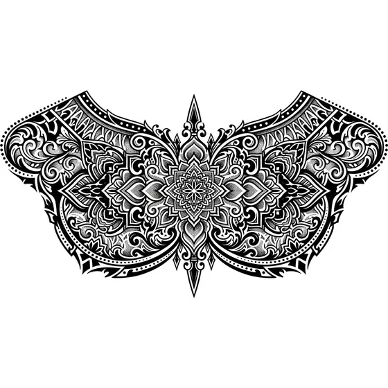 Chest Tattoos example — A symmetrical ornamental chest plate spanning both sides of the sternum