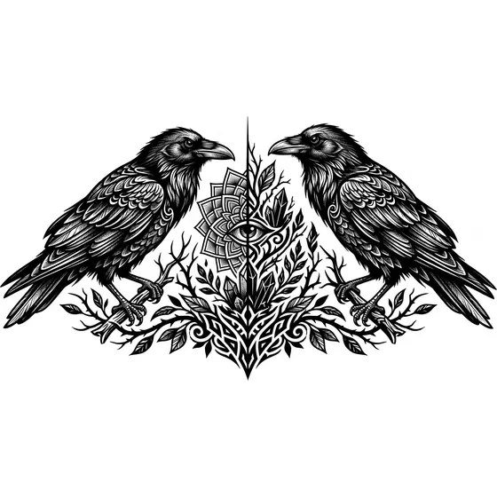 Chest Tattoos example — A pair of ravens facing each other across the centre line