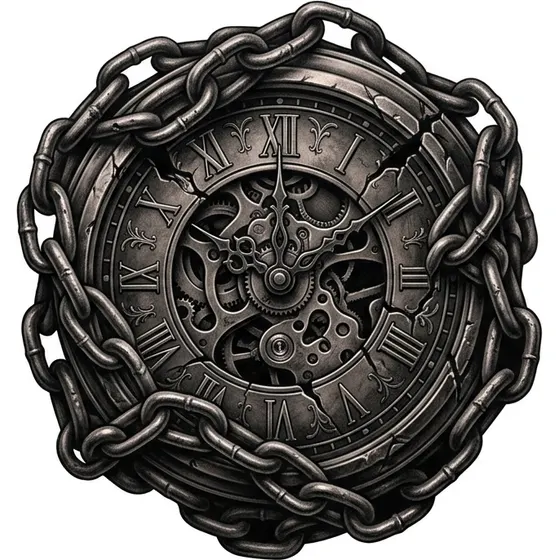 Clock Tattoos example — A clock face wrapped in chains and shadow