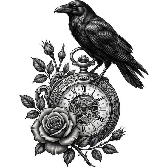 Clock Tattoos example — An antique clock with a rose and a raven perched above