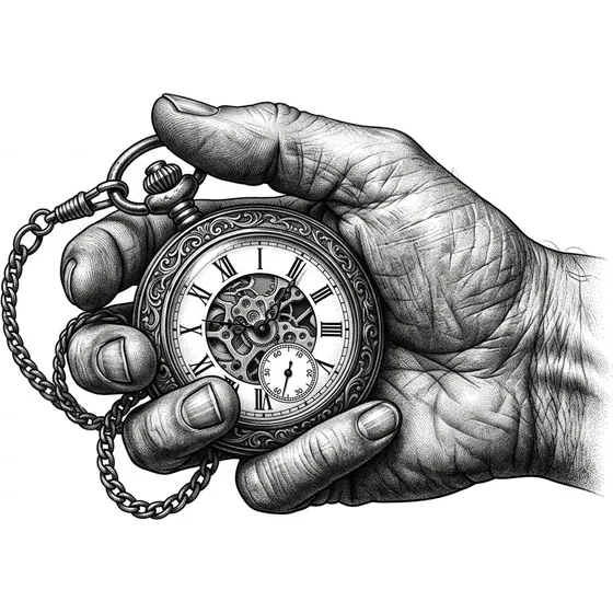 Clock Tattoos example — A pocket watch held in a weathered hand
