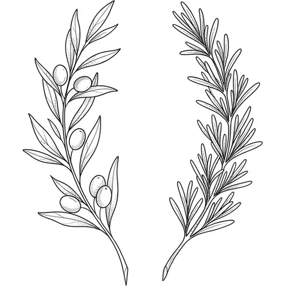 Couple Tattoo Ideas example — A fine-line olive sprig and a fine-line rosemary sprig, matching scale