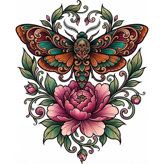 Couple Tattoo Ideas example — A neo-traditional flower for one and a neo-traditional moth for the other, same palette
