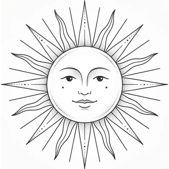 Couple Tattoo Ideas example — A fine-line sun with a simple face of marks, complete on its own, no text
