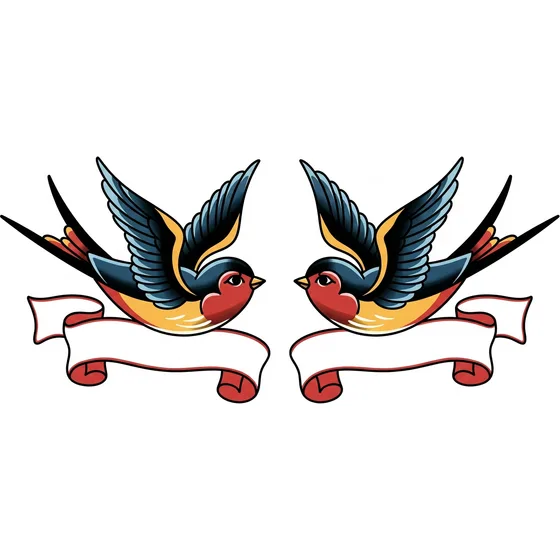 Couple Tattoo Ideas example — Two traditional swallows in the same style, each a finished bird, blank banners