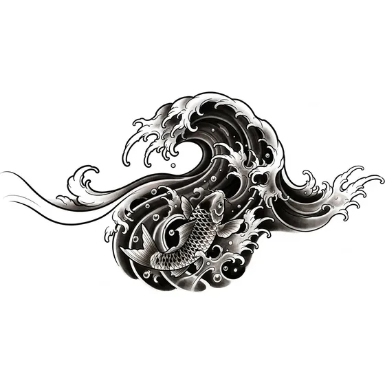 Cover-Up Tattoos example — A Japanese wave with a dark body of water and a koi, heavy black, no lettering