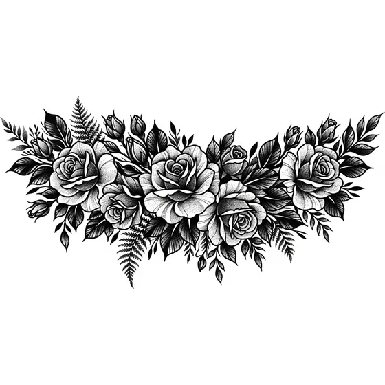 Cover-Up Tattoos example — A wide blackwork floral panel, roses and leaves packed dark, little empty skin