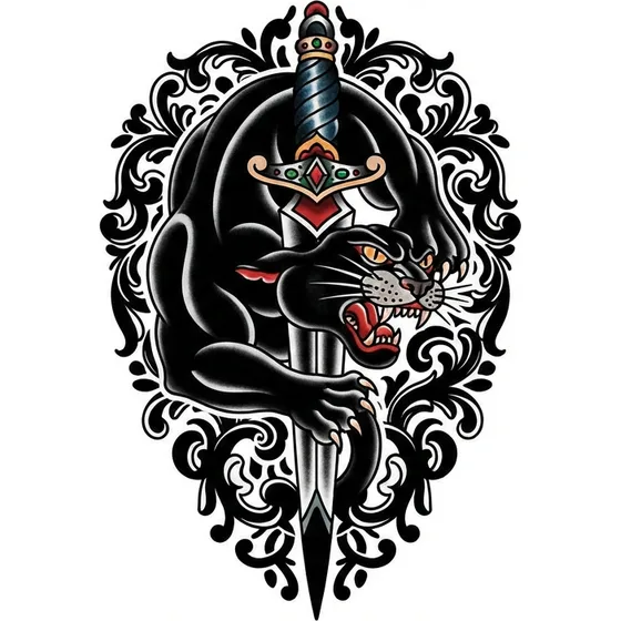 Traditional tattoo example — A traditional panther and dagger with heavy black fill around them