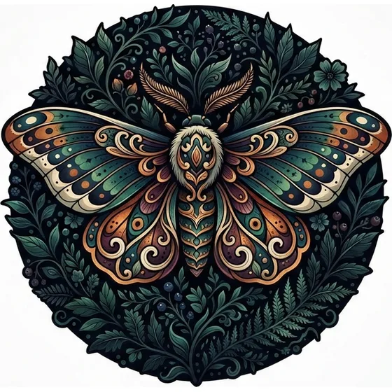 Neo-Trad tattoo example — A neo-traditional moth on a fully dark field of leaves