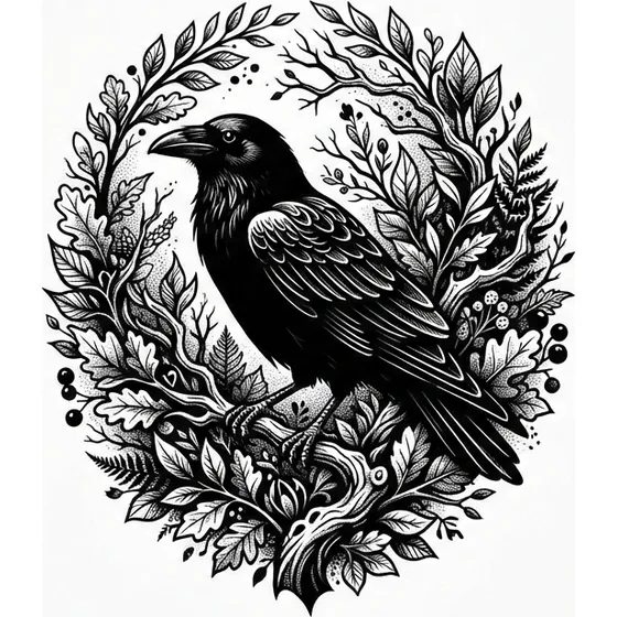 Cover-Up Tattoos example — A solid blackwork raven sitting in dense foliage, high contrast