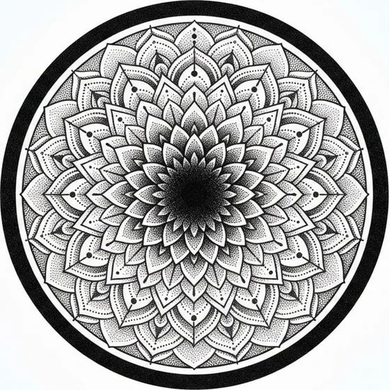 Cover-Up Tattoos example — A dark dotwork mandala with heavy black centre and a solid outer ring
