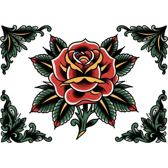 Cover-Up Tattoos example — A large traditional rose with dark leaves filling the corners of the design