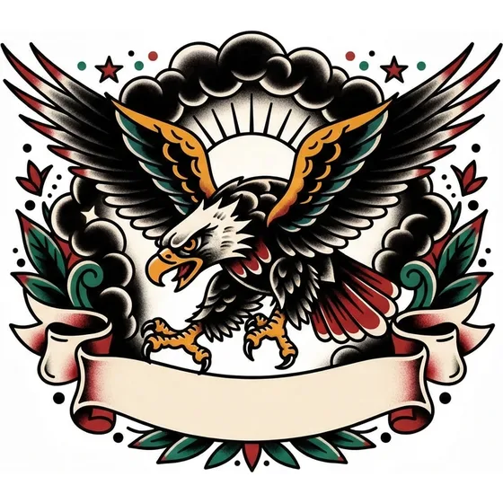 Cover-Up Tattoos example — A traditional eagle with heavy black wings and a dark background, blank banner, large enough to cover a small old tattoo