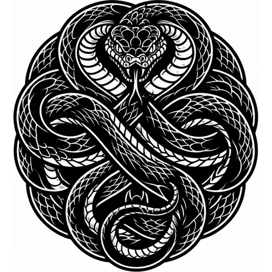 Cover-Up Tattoos example — A blackwork snake coiled into a dense oval, solid black with a few skin breaks