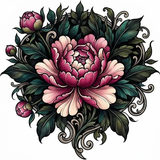 Cover-Up Tattoos example — A neo-traditional peony with a dark leaf mass behind the petals
