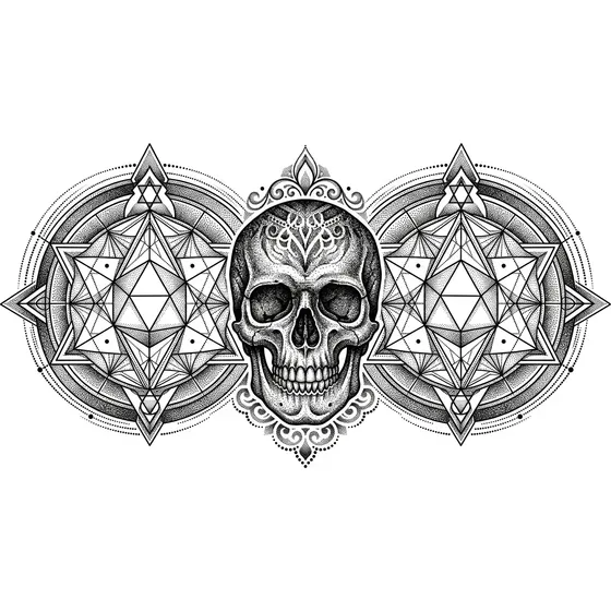 Dotwork tattoo example — A skull with stippled shading and a geometric halo behind