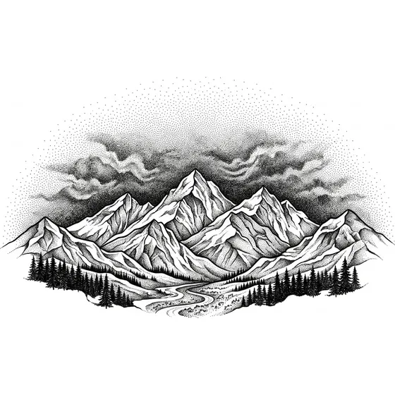 Dotwork tattoo example — A mountain range with dotwork sky fading upward