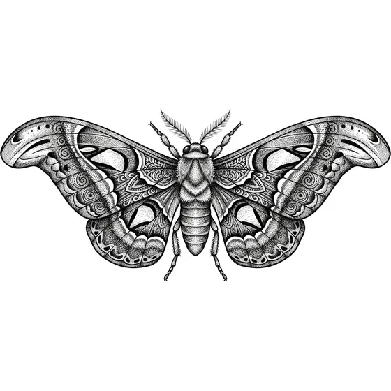 Dotwork tattoo example — A moth with fully stippled wing patterning