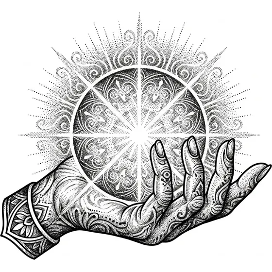 Dotwork tattoo example — A hand holding a stippled orb of light