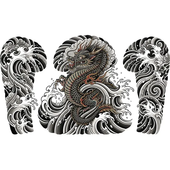 Dragon Tattoos example — A dragon wrapped around the arm with a wave background
