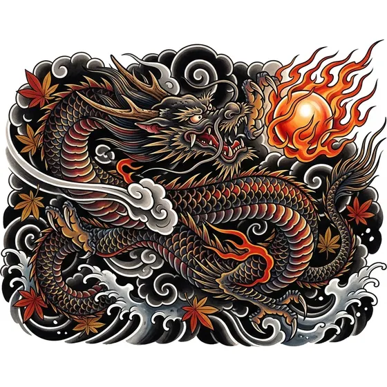 Dragon Tattoos example — An eastern dragon chasing a flaming pearl