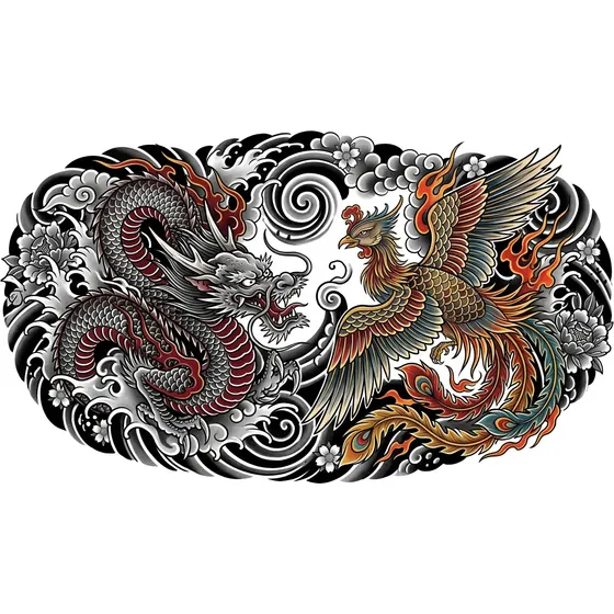 Dragon Tattoos example — A dragon and phoenix composition facing each other