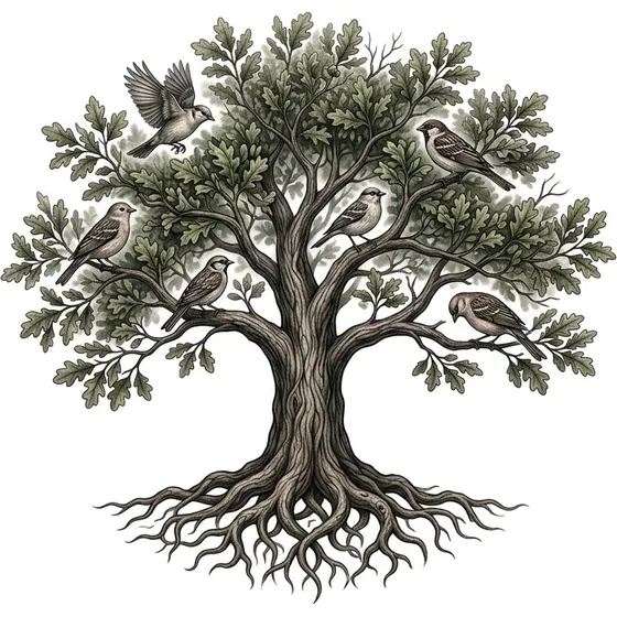 Family Tattoos example — A tree with deep roots and spreading branches, one bird for each family member