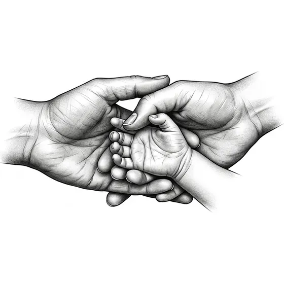Family Tattoos example — Two adult hands holding a child's hand, black and grey