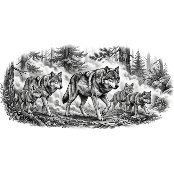 Family Tattoos example — A family of wolves walking through mist