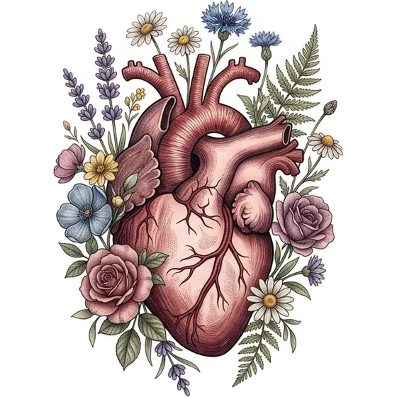 Family Tattoos example — An anatomical heart wrapped in wildflowers