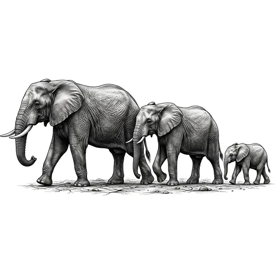 Family Tattoos example — Three elephants walking in a line, largest to smallest