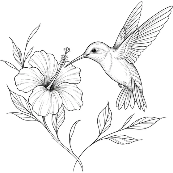 Fine Line tattoo example — A hummingbird drinking from a hibiscus flower, delicate linework