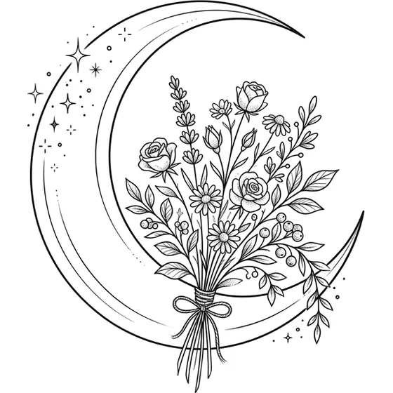 Fine Line Tattoos example — A crescent moon with a small bouquet resting inside the curve