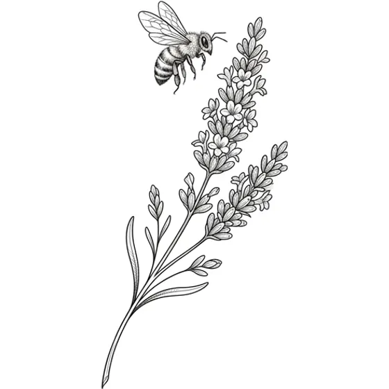 Fine Line tattoo example — A sprig of lavender with a tiny bee above it
