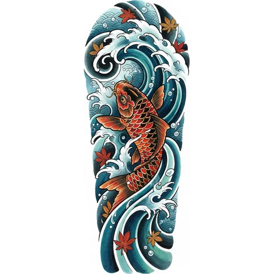 A Japanese koi and a single wave, vertical forearm panel, no lettering