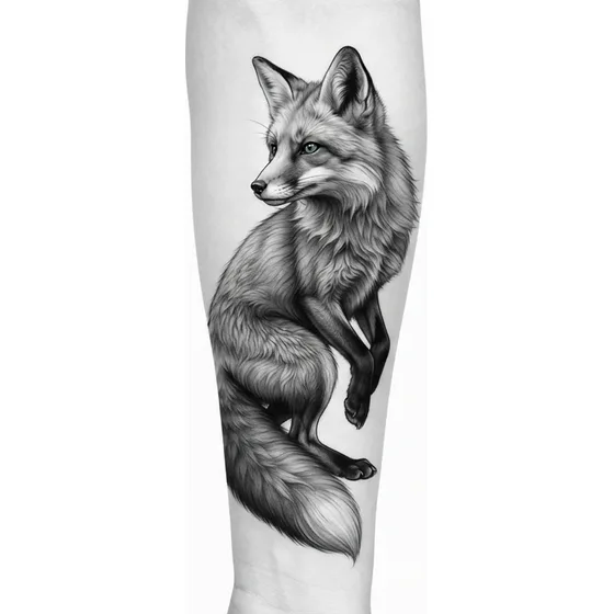 A black and grey fox looking back, vertical, outer forearm, no text