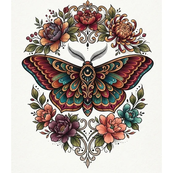 A neo-traditional moth with flowers above and below, sized for a forearm
