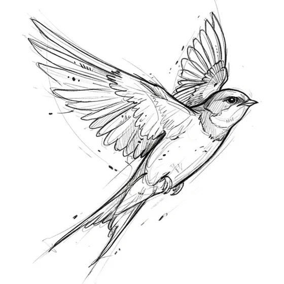A sketch-style bird in flight, loose lines, running down the inner forearm