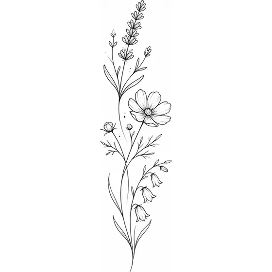 A column of three fine-line wildflowers with space between the stems, inner forearm