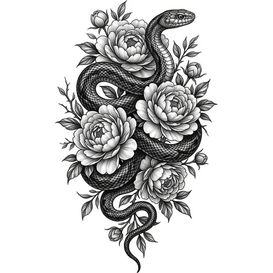 Forearm Tattoos example — A snake winding the length of the forearm through peonies