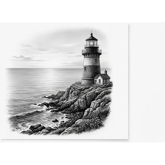Forearm Tattoos example — A lighthouse on a headland above a calm sea, vertical forearm piece