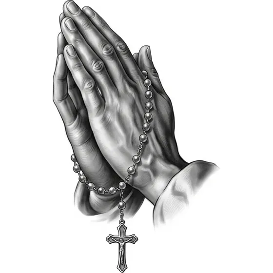 Forearm Tattoos example — A pair of hands clasped in prayer with rosary beads falling down the arm