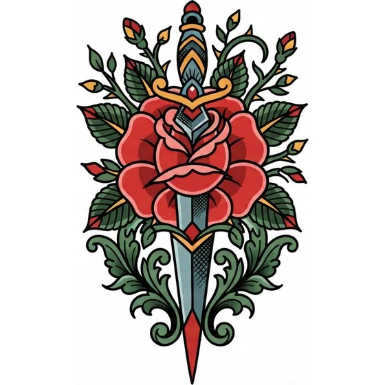 A traditional dagger and rose, vertical, bold outlines, outer forearm