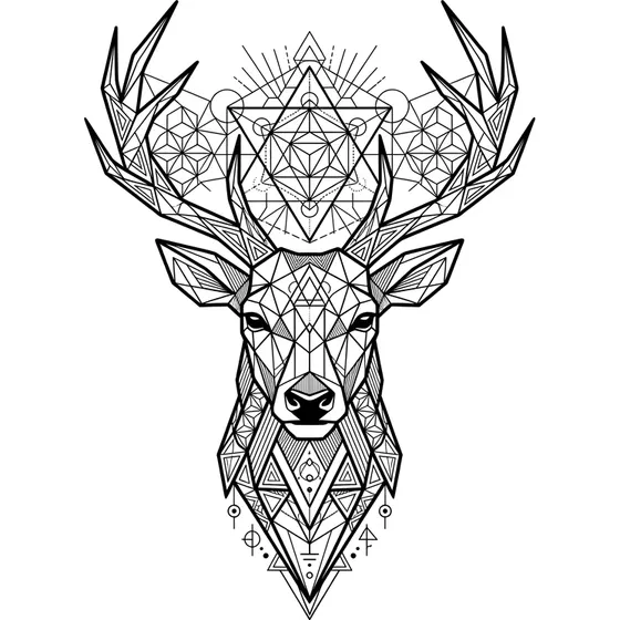 Geometric tattoo example — A stag head built from interlocking triangles and thin rules