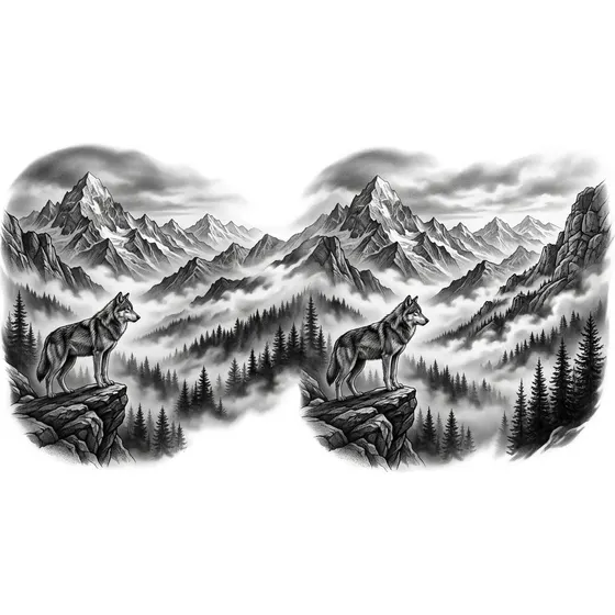 Half Sleeve Tattoos for Men example — A shoulder to elbow piece of mountains, mist and a lone wolf